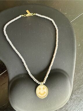 Gold Plated Smiley Pendant with Crystal stones, Necklace w/ Moonstone Beads